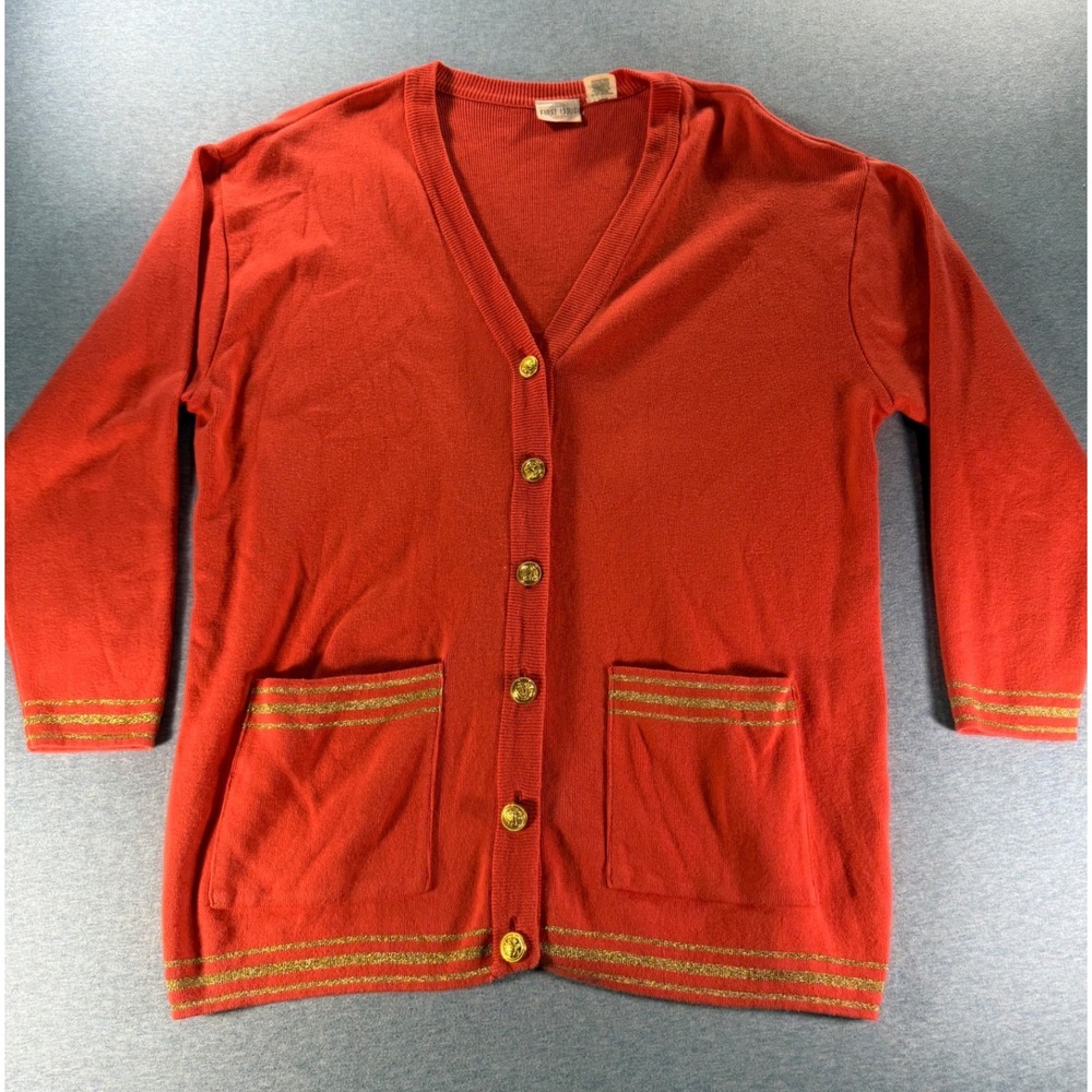 Vintage American First Issue Coral Orange Nautical Cardigan Gold Crest Buttons M